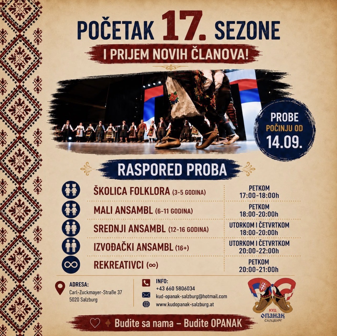 KUD Opanak Salzburg - Početak 17. sezone i raspored proba